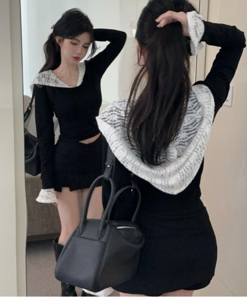 LADY LIKE(レディライク)の「レースドッキング配色フーディ(Tシャツ/カットソー・レディース・ブラック・M)」の10枚目の写真