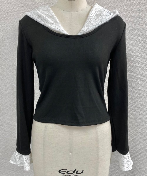 LADY LIKE(レディライク)の「レースドッキング配色フーディ(Tシャツ/カットソー・レディース・ブラック・M)」の14枚目の写真