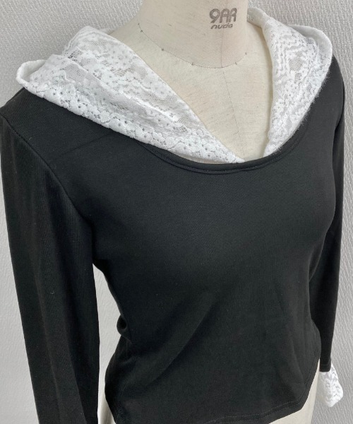 LADY LIKE(レディライク)の「レースドッキング配色フーディ(Tシャツ/カットソー・レディース・ブラック・M)」の15枚目の写真