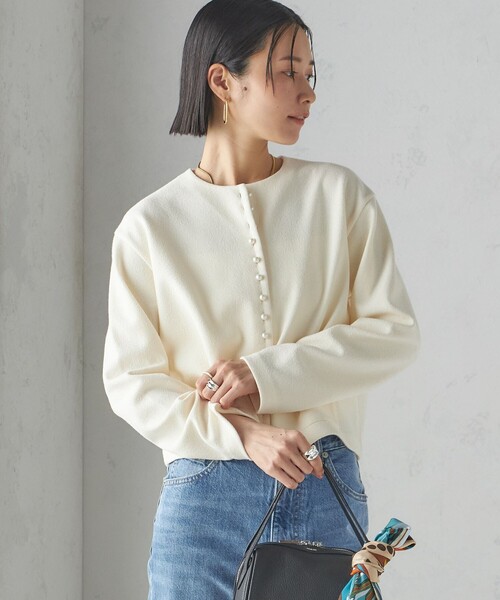 手洗い可能〉ブークレ ダブル ニット パールモチーフボタン 