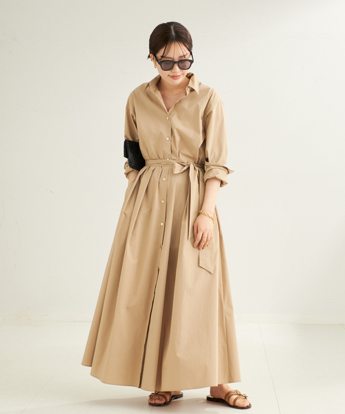 Plage プラージュ セミフレアシャツワンピース ベルト付き 麻混 カーキ Plage プラージュ セミフレアシャツワンピース ベルト付き 麻混