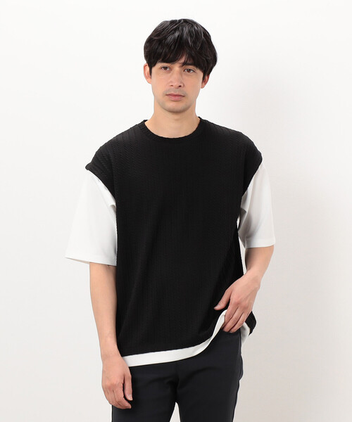 COMME CA ISM(コムサイズム)の「ケーブル柄 ベスト フェイクレイヤードTシャツ(Tシャツ/カットソー・メンズ・ブラック/チャコール/ブラウン・LARGE/MEDIUM)」の1枚目の写真
