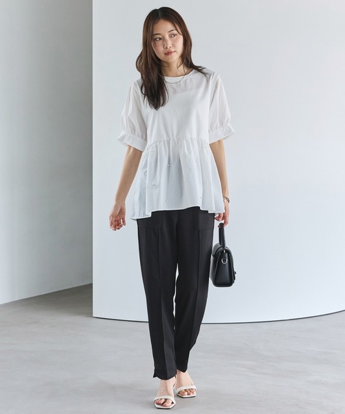 洗える】パールペプラムプルオーバー（Tシャツ/カットソー