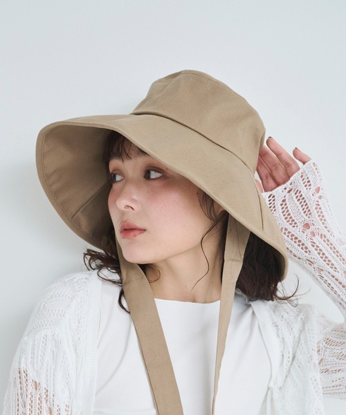 セール】【麻混】リボン付きワイドブリムハット（ハット
