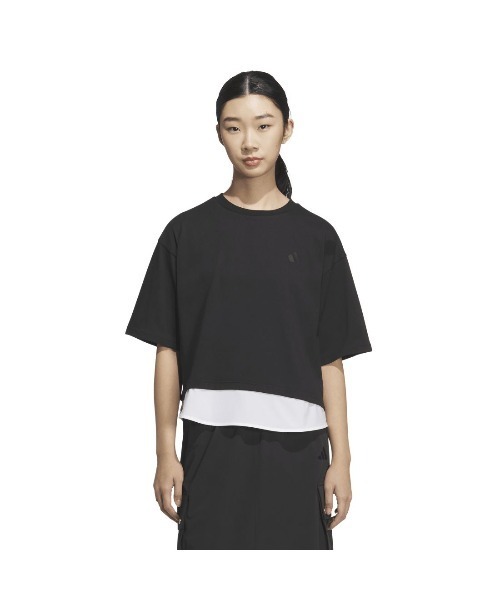 adidas(アディダス)の「アディダス adidas レイヤード ルーズフィット半袖コットンTシャツ(Tシャツ/カットソー・レディース・ベージュ/ブラック・S/M/L/XL)」の2枚目の写真