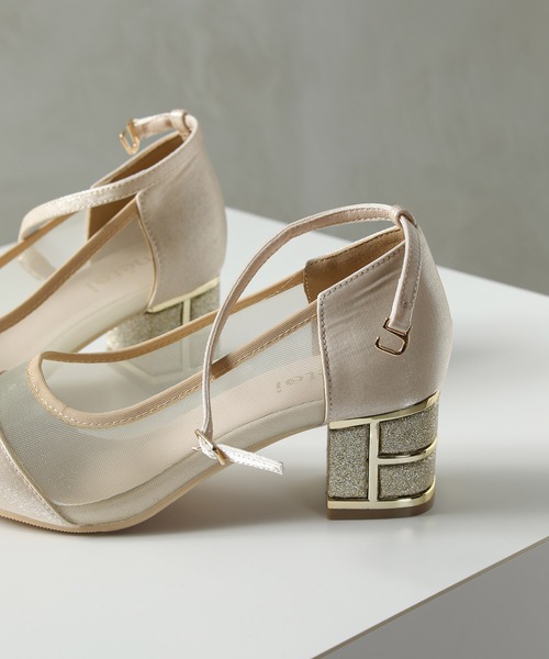 ラメ×シアー グリッター チャンキーヒール パンプス 結婚式