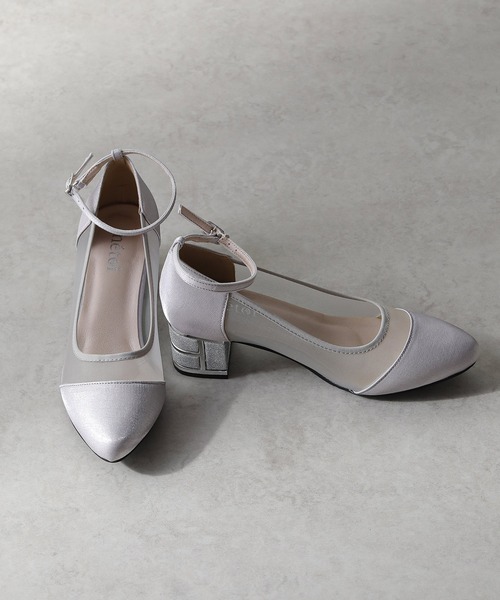 ラメ×シアー グリッター チャンキーヒール パンプス 結婚式 お呼ばれ