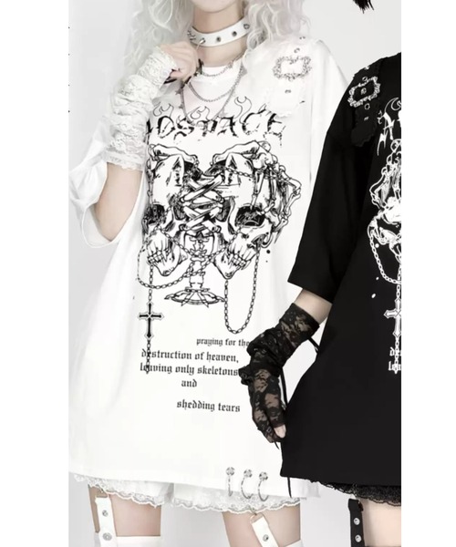 tシャツ A'GEM/9 × .kom 「AOSPACE」オフショルスカル半袖Tシャツ レディース A'GEM/9 × .kom 『AOSPACE』オフショルスカル半袖Tシャツ（T
