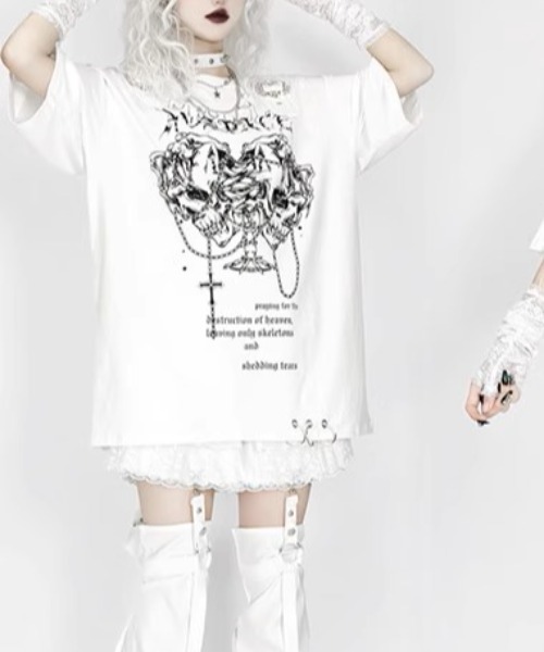 tシャツ A'GEM/9 × .kom 「AOSPACE」オフショルスカル半袖Tシャツ レディース A'GEM/9 × .kom 『AOSPACE』オフショルスカル半袖Tシャツ（T