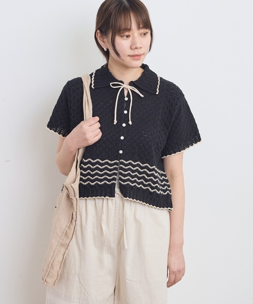 AMBIDEX（アンビデックス）の「透かし編み 襟付きプルオーバー（ニット/セーター・レディース・キナリ/ブラック・FREE）」の15枚目の写真