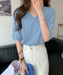 【12色展開】”夏 ニットソー” 半袖  Vネック ニットプルオーバー