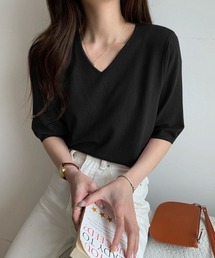 【12色展開】”夏 ニットソー” 半袖 Vネック ニットプルオーバー