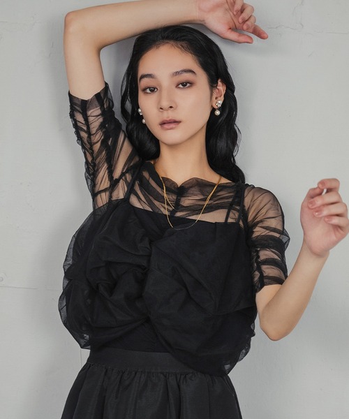 girl（ガール）の「リボンニュアンスビスチェ シアーインナー 2点セット トップス ブラウス 結婚式 ワンピース パーティードレス オケージョンドレス お呼ばれ 二次会 成人式 同窓会（シャツ/ブラウス・レディース・ブラック/チャコールグレー/ライトグレー/ベージュ・S/M/L）」の5枚目の写真
