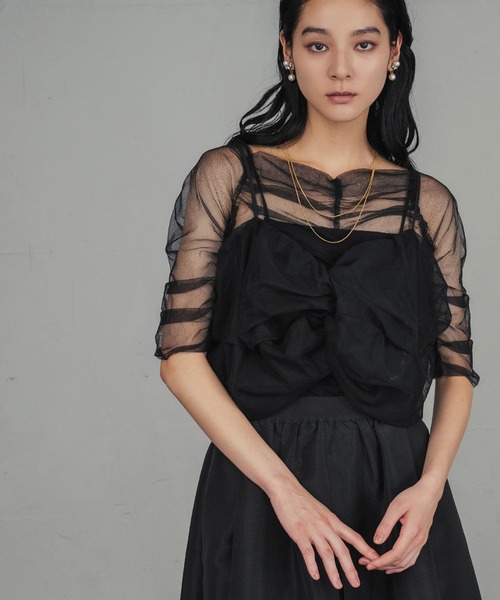 girl（ガール）の「リボンニュアンスビスチェ シアーインナー 2点セット トップス ブラウス 結婚式 ワンピース パーティードレス オケージョンドレス お呼ばれ 二次会 成人式 同窓会（シャツ/ブラウス・レディース・ブラック/チャコールグレー/ライトグレー/ベージュ・S/M/L）」の9枚目の写真