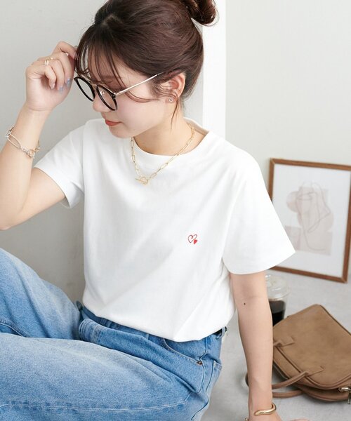 セール】【WEB限定】線抜きハート刺繍コンパクト半袖Tシャツ（Tシャツ
