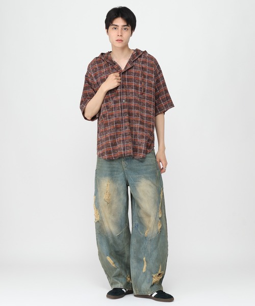 3.3 Field Trip （3.3フィールドトリップ）の「3.3 Field Trip／チェックフード半袖シャツ（シャツ/ブラウス・メンズ・ネイビー/ブラウン・MEDIUM/LARGE）」の15枚目の写真