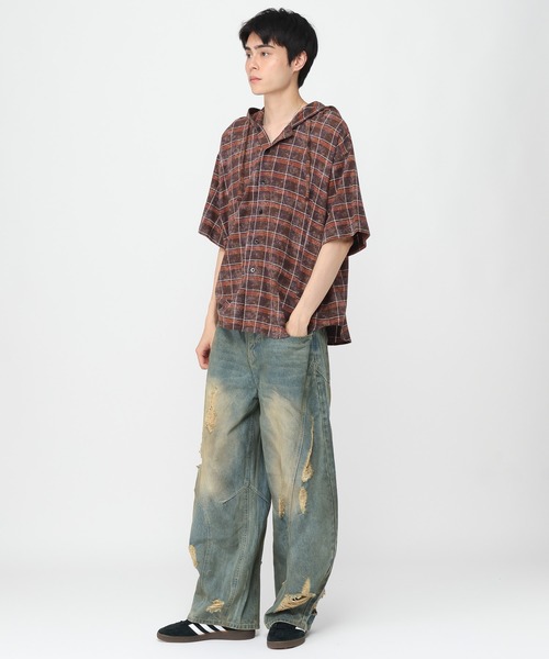 3.3 Field Trip （3.3フィールドトリップ）の「3.3 Field Trip／チェックフード半袖シャツ（シャツ/ブラウス・メンズ・ネイビー/ブラウン・MEDIUM/LARGE）」の16枚目の写真