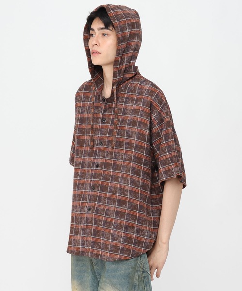 3.3 Field Trip （3.3フィールドトリップ）の「3.3 Field Trip／チェックフード半袖シャツ（シャツ/ブラウス・メンズ・ネイビー/ブラウン・MEDIUM/LARGE）」の19枚目の写真