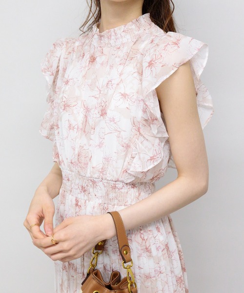 セール】シフォン花柄フリル袖 消しプリーツ ロングワンピース