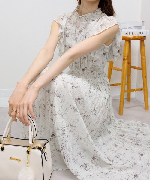 セール】シフォン花柄フリル袖 消しプリーツ ロングワンピース