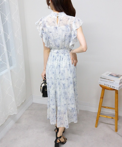 シフォン ロングワンピース フリル 花柄シフォンフリルロングワンピース ピンク | LILIANA