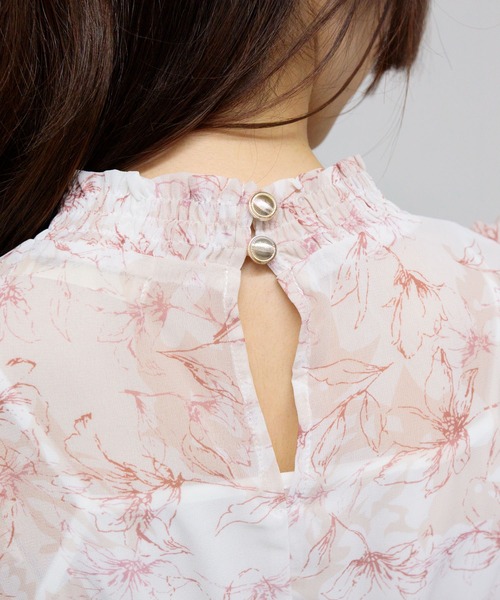 セール】シフォン花柄フリル袖 消しプリーツ ロングワンピース