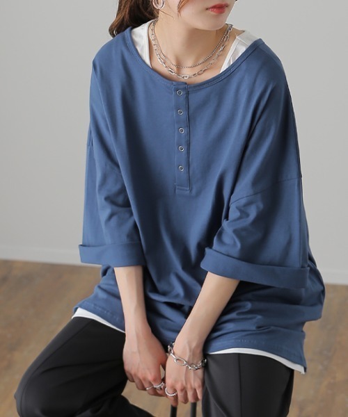 HUG.U（ハグユー）の「前後2way ゆるーず カットソー（Tシャツ/カットソー・レディース・ホワイト/ブラック/モカ/オリーブ/ダークグレー/グレイッシュブルー・FREE）」の20枚目の写真