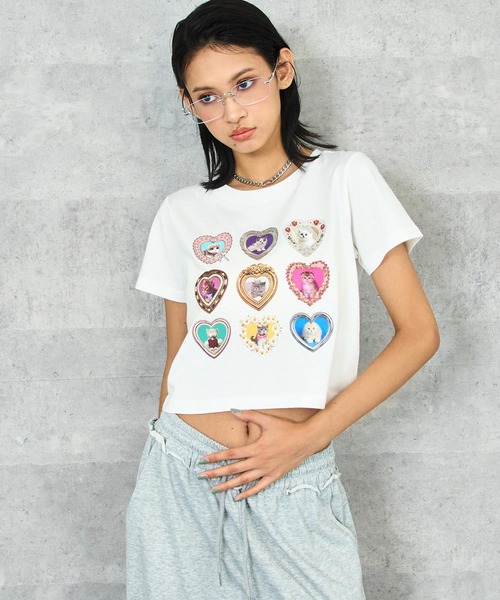 セール】ハート フレーム 猫 プリント Tシャツ（Tシャツ/カットソー