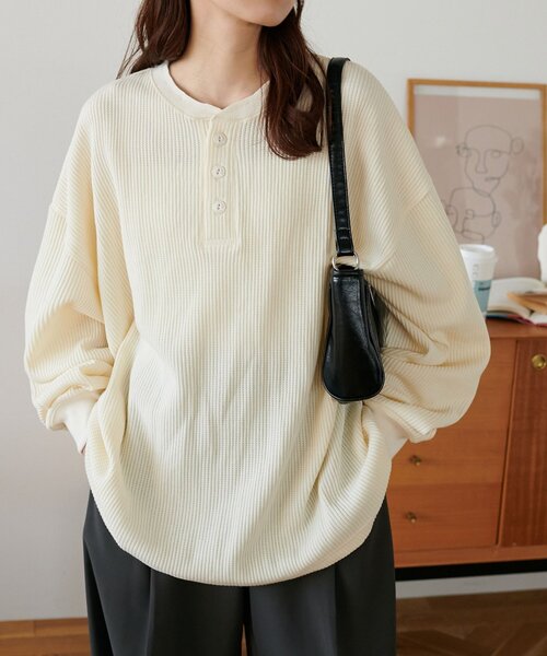 セール】【ユニセックス】ワッフルヘンリーネックロンT（Tシャツ