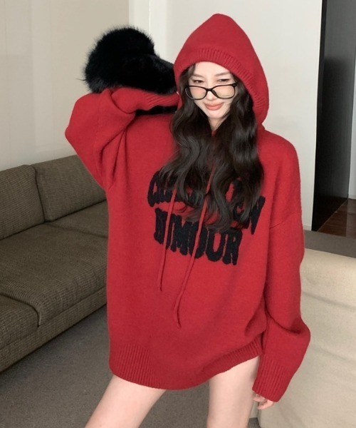 LAC-VERT（ラック・ヴェール）の「ビッグロゴニットパーカー（パーカー・レディース・オフホワイト/グレー/ブラック/レッド・FREE）」の4枚目の写真