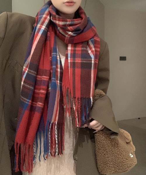 セール】王道チェック柄で華やかに！レッドマフラー（マフラー）｜2ly2