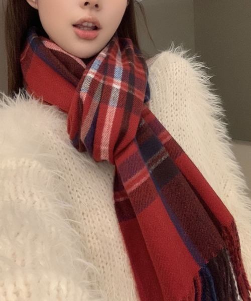 セール】王道チェック柄で華やかに！レッドマフラー（マフラー）｜2ly2