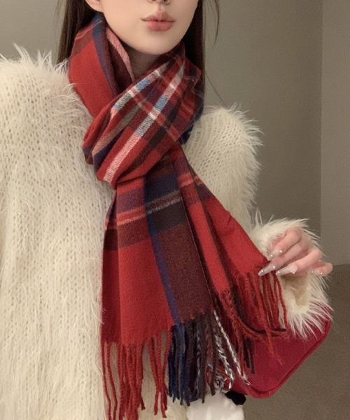 セール】王道チェック柄で華やかに！レッドマフラー（マフラー）｜2ly2