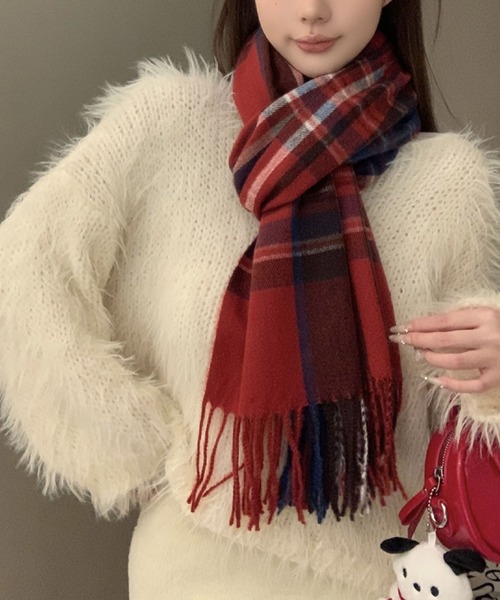 セール】王道チェック柄で華やかに！レッドマフラー（マフラー）｜2ly2