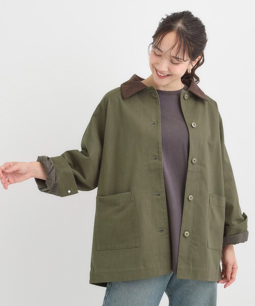 SHOO・LA・RUE（シューラルー）の「【S-LL】オーバーシルエットでこなれ感 襟コール カバーオール（ステンカラーコート・レディース・カーキ/ネイビー・04/03/02/01）」の3枚目の写真