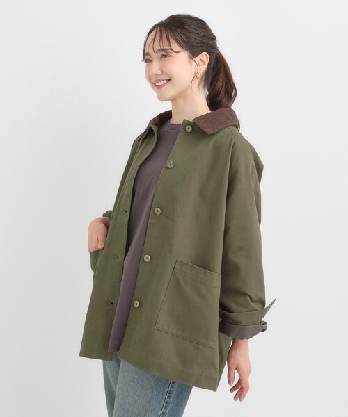 SHOO・LA・RUE（シューラルー）の「【S-LL】オーバーシルエットでこなれ感 襟コール カバーオール（ステンカラーコート・レディース・カーキ/ネイビー・04/03/02/01）」の4枚目の写真