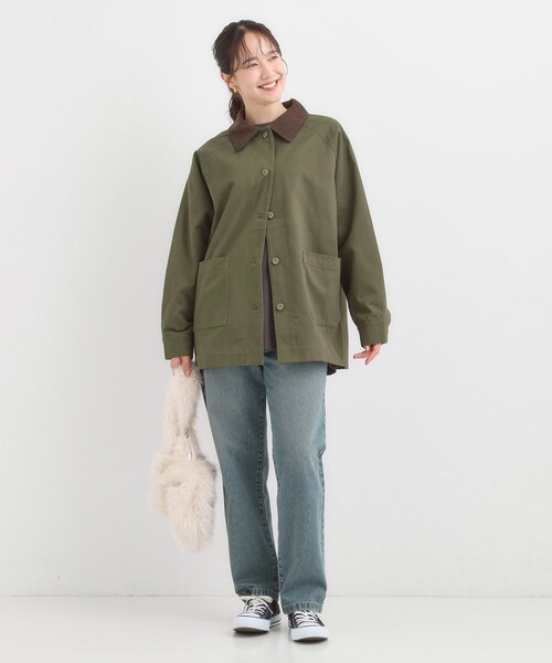 SHOO・LA・RUE（シューラルー）の「【S-LL】オーバーシルエットでこなれ感 襟コール カバーオール（ステンカラーコート・レディース・カーキ/ネイビー・04/03/02/01）」の5枚目の写真