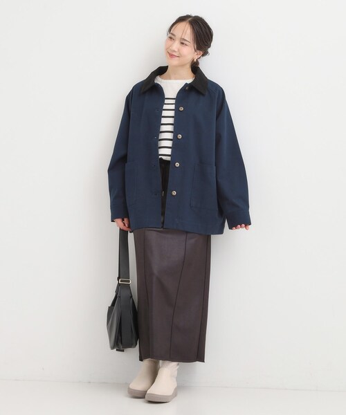 SHOO・LA・RUE（シューラルー）の「【S-LL】オーバーシルエットでこなれ感 襟コール カバーオール（ステンカラーコート・レディース・カーキ/ネイビー・04/03/02/01）」の9枚目の写真