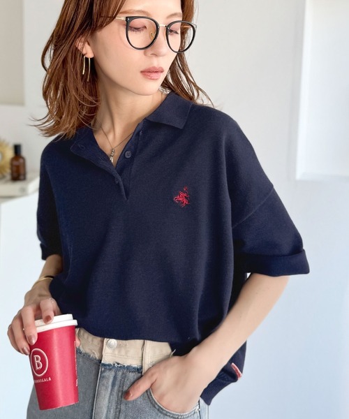 classicalelf（クラシカルエルフ）の「抜け感のあるゆったりシルエット。胸刺繍で上品さをプラス♪胸刺繍ルーズポロニットプルオーバー(半袖)（ポロシャツ・レディース・ネイビー/チャコール/アイボリー/ライトグレー・MEDIUM/LARGE/X-LARGE/SMALL）」の4枚目の写真