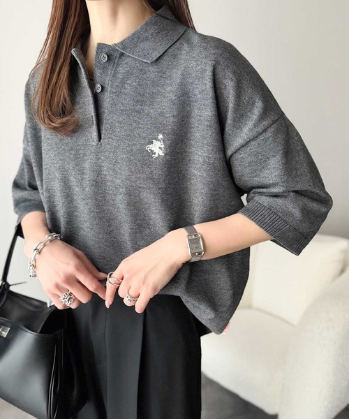classicalelf（クラシカルエルフ）の「抜け感のあるゆったりシルエット。胸刺繍で上品さをプラス♪胸刺繍ルーズポロニットプルオーバー(半袖)（ポロシャツ・レディース・ネイビー/チャコール/アイボリー/ライトグレー・MEDIUM/LARGE/X-LARGE/SMALL）」の3枚目の写真