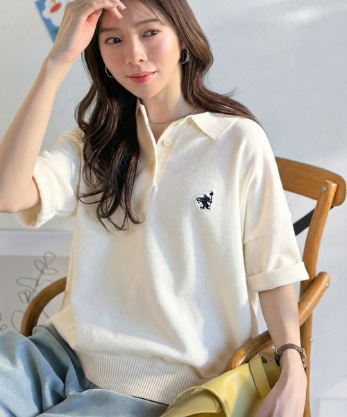 classicalelf（クラシカルエルフ）の「抜け感のあるゆったりシルエット。胸刺繍で上品さをプラス♪胸刺繍ルーズポロニットプルオーバー(半袖)（ポロシャツ・レディース・ネイビー/チャコール/アイボリー/ライトグレー・MEDIUM/LARGE/X-LARGE/SMALL）」の2枚目の写真