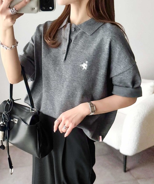 classicalelf（クラシカルエルフ）の「抜け感のあるゆったりシルエット。胸刺繍で上品さをプラス♪胸刺繍ルーズポロニットプルオーバー(半袖)（ポロシャツ・レディース・ネイビー/チャコール/アイボリー/ライトグレー・MEDIUM/LARGE/X-LARGE/SMALL）」の15枚目の写真