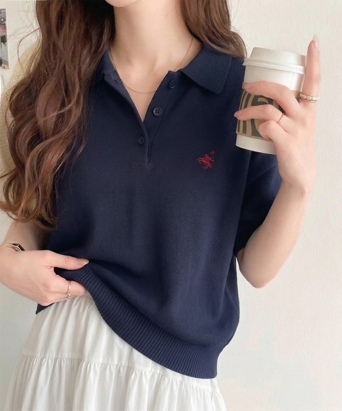 classicalelf(クラシカルエルフ)の「抜け感のあるゆったりシルエット。胸刺繍で上品さをプラス♪胸刺繍ルーズポロニットプルオーバー(半袖)(ポロシャツ・レディース・ネイビー/チャコール/アイボリー/ライトグレー/イエロー・MEDIUM/LARGE/X-LARGE/SMALL)」の6枚目の写真