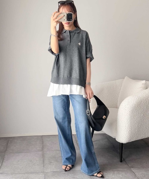 classicalelf（クラシカルエルフ）の「抜け感のあるゆったりシルエット。胸刺繍で上品さをプラス♪胸刺繍ルーズポロニットプルオーバー(半袖)（ポロシャツ・レディース・ネイビー/チャコール/アイボリー/ライトグレー・MEDIUM/LARGE/X-LARGE/SMALL）」の21枚目の写真