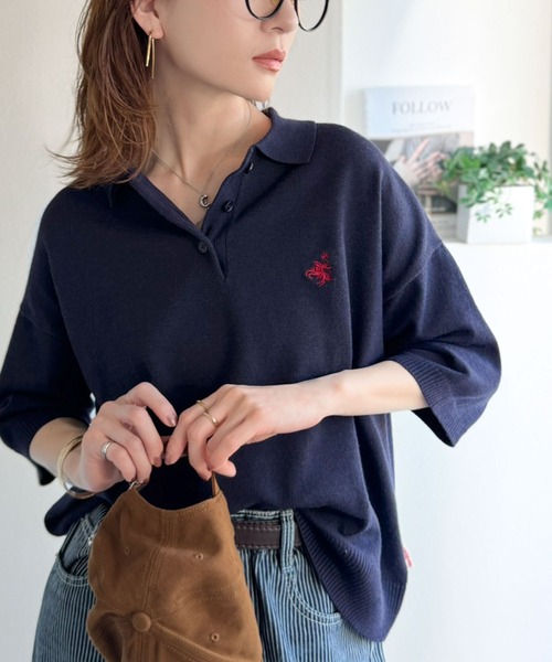 classicalelf（クラシカルエルフ）の「抜け感のあるゆったりシルエット。胸刺繍で上品さをプラス♪胸刺繍ルーズポロニットプルオーバー(半袖)（ポロシャツ・レディース・ネイビー/チャコール/アイボリー/ライトグレー・MEDIUM/LARGE/X-LARGE/SMALL）」の22枚目の写真