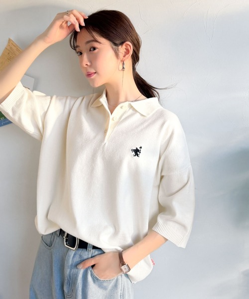 classicalelf（クラシカルエルフ）の「抜け感のあるゆったりシルエット。胸刺繍で上品さをプラス♪胸刺繍ルーズポロニットプルオーバー(半袖)（ポロシャツ・レディース・ネイビー/チャコール/アイボリー/ライトグレー・MEDIUM/LARGE/X-LARGE/SMALL）」の8枚目の写真