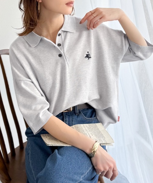 classicalelf（クラシカルエルフ）の「抜け感のあるゆったりシルエット。胸刺繍で上品さをプラス♪胸刺繍ルーズポロニットプルオーバー(半袖)（ポロシャツ・レディース・ネイビー/チャコール/アイボリー/ライトグレー・MEDIUM/LARGE/X-LARGE/SMALL）」の9枚目の写真