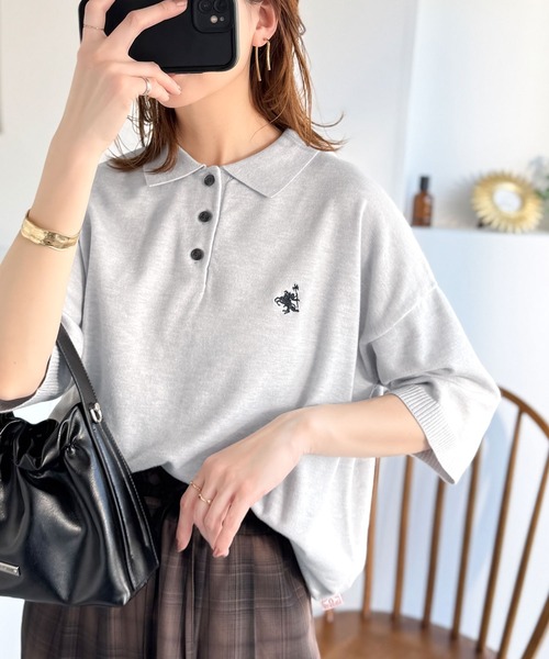 classicalelf（クラシカルエルフ）の「抜け感のあるゆったりシルエット。胸刺繍で上品さをプラス♪胸刺繍ルーズポロニットプルオーバー(半袖)（ポロシャツ・レディース・ネイビー/チャコール/アイボリー/ライトグレー・MEDIUM/LARGE/X-LARGE/SMALL）」の13枚目の写真