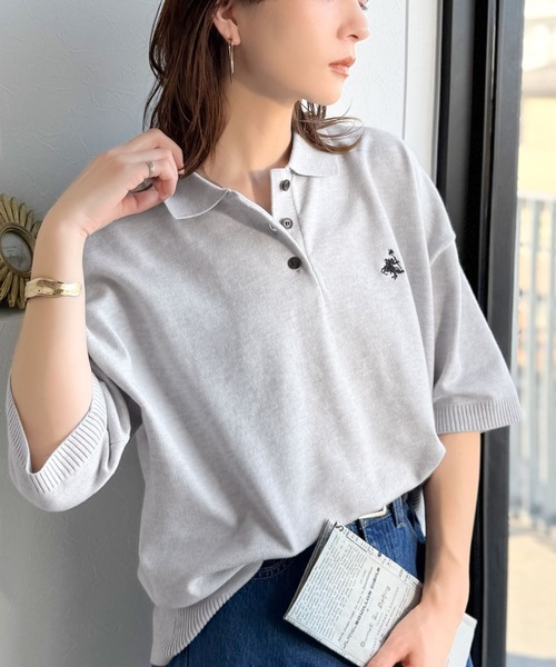 classicalelf（クラシカルエルフ）の「抜け感のあるゆったりシルエット。胸刺繍で上品さをプラス♪胸刺繍ルーズポロニットプルオーバー(半袖)（ポロシャツ・レディース・ネイビー/チャコール/アイボリー/ライトグレー・MEDIUM/LARGE/X-LARGE/SMALL）」の12枚目の写真