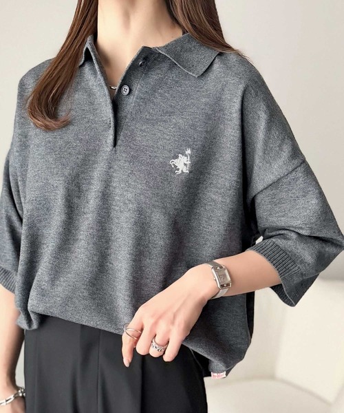 classicalelf（クラシカルエルフ）の「抜け感のあるゆったりシルエット。胸刺繍で上品さをプラス♪胸刺繍ルーズポロニットプルオーバー(半袖)（ポロシャツ・レディース・ネイビー/チャコール/アイボリー/ライトグレー・MEDIUM/LARGE/X-LARGE/SMALL）」の16枚目の写真